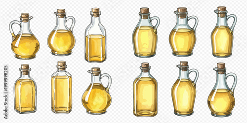 Set of various glass bottles and carafes filled with cooking oil, hand-drawn watercolor illustration on transparent background.
