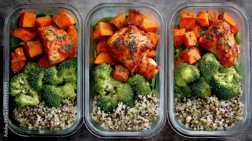 prep containers filled with grilled chicken quinoa broccoli and sweet potato balanced nutrition planning concept