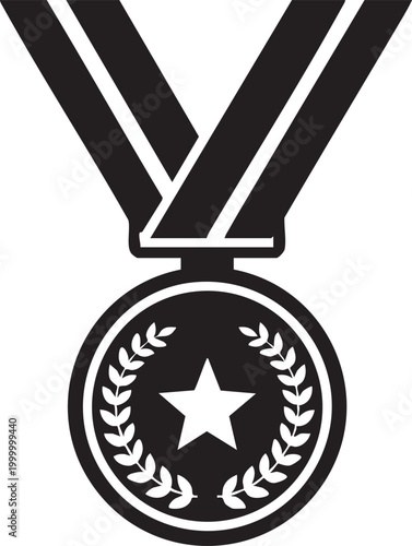Medal icon, award symbol, star laurel wreath, black and white