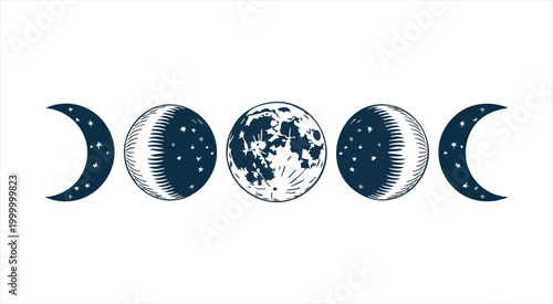 Moon phases vector illustration collection, celestial cycle symbols for astronomy and mysticism.