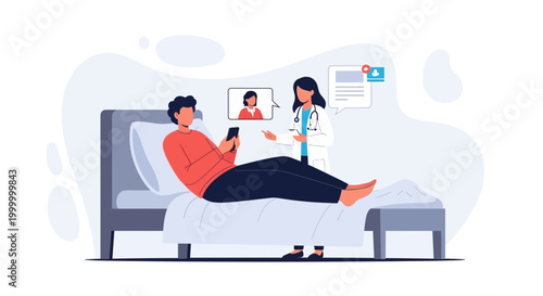 Doctor Consulting Patient Remotely via Video Call on Smartphone in Hospital Bed