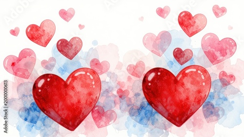 Two Red Hearts Floating Against Watercolor Background