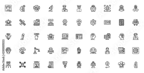 Robotics icon set. Minimal thin line vector pack. Featuring face recognition, robot, android, artificial intelligence, drone, bionic, processor, innovation, voice command, neural, cyborg and more.