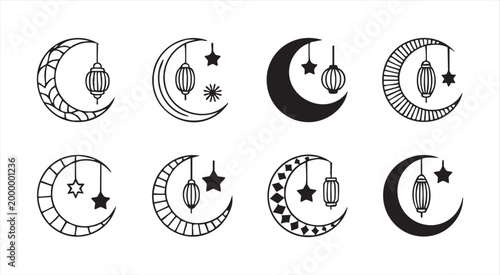 Black and white crescent moon lantern and star icons vector set Islamic holidays.