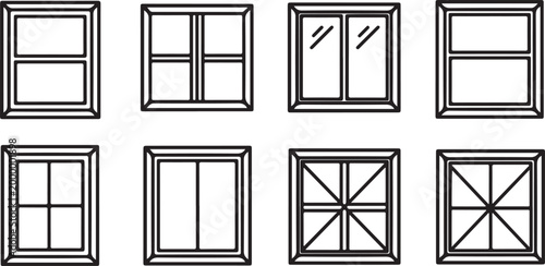 Collection of eight window designs in black and white vector style Vector