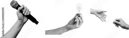 Fotografi Halftone illustration of Three hands holding microphone light bulb and credit ca