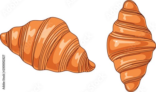 Butter croissant vector illustration set with classic French pastry in two angles, golden flaky baked bread isolated on light background