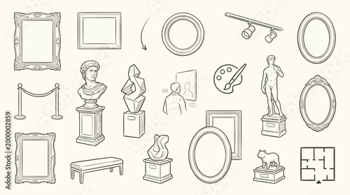 Collection of hand-drawn illustrations depicting various elements found in an art gallery or museum setting, including frames, sculptures, and visitor interactions.