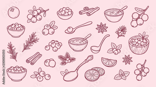 A delightful collection of hand-drawn illustrations featuring berries, spices, and citrus fruits, perfect for culinary themes.