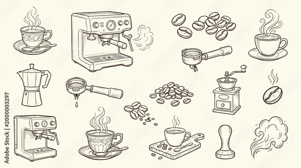 Αυτοκόλλητο A collection of hand-drawn illustrations depicting various coffee-making equipment and elements, including espresso machines, grinders, cups, and beans