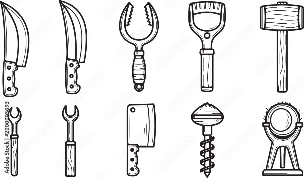 Obraz premium Black and white icons set of garden tools and equipment Vector
