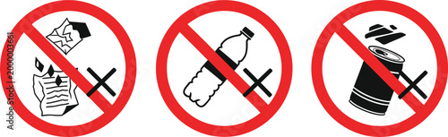 No Littering Signs with Trash, Bottle, and Can Symbols