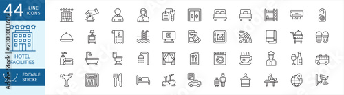 Hotel, amenities and facilities icon set. Containing : reception bell, receptionist, bellboy, room key, elevator, bed size, bunk bed, swimming pool, room service, parking, chef, service, gym, spa.