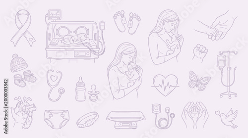 A collection of delicate line drawings depicting various aspects of pregnancy, childbirth, and infant care, set against a soft, pale background.