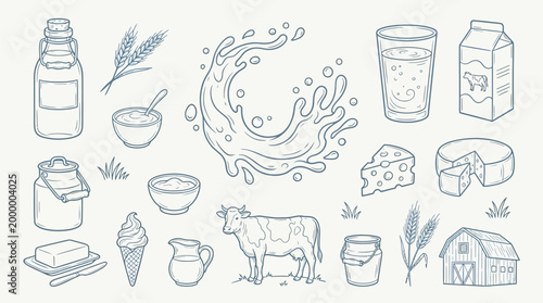 A charming hand-drawn collection of dairy products, farm animals, and related elements, showcasing a rustic and wholesome farm-to-table theme.