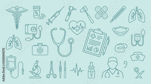 A collection of medical icons and symbols arranged on a light blue background, representing healthcare and medicine.