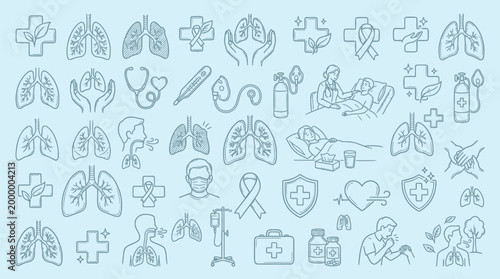 A collection of medical and healthcare-related icons, including lungs, crosses, hands, stethoscopes, and people receiving care, presented in a light blue, minimalist line art style.