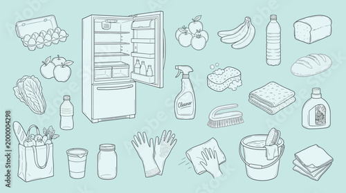 An assortment of household items including a refrigerator, groceries, and cleaning supplies, all depicted in a simple line drawing style on a light blue background.