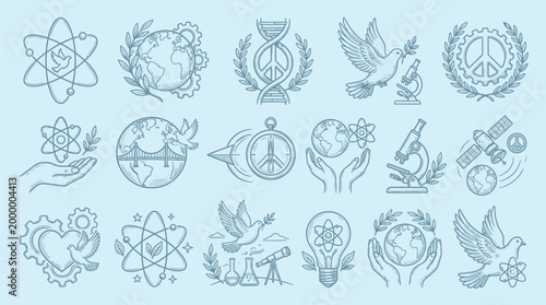 A collection of hand-drawn icons representing peace, science, and global unity, featuring symbols like doves, the Earth, DNA, atoms, and microscopes.