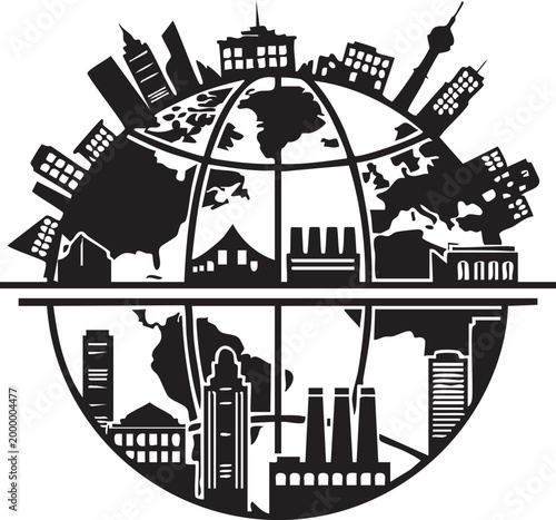 Black and white globe illustration, city skyline, urban landscape, world map, vector graphic