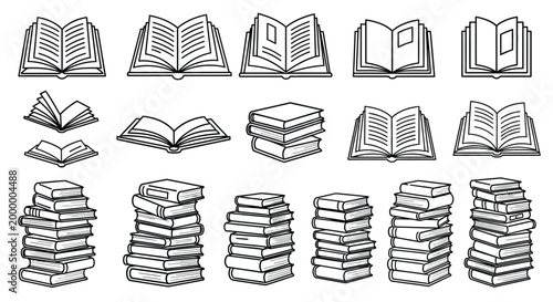 Line art book icons and illustrations various open and stacked arrangements