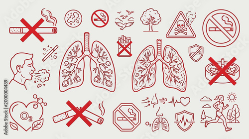 Collection of icons and illustrations related to smoking, health, and environmental protection, featuring lungs, no smoking signs, and healthy lifestyle elements.