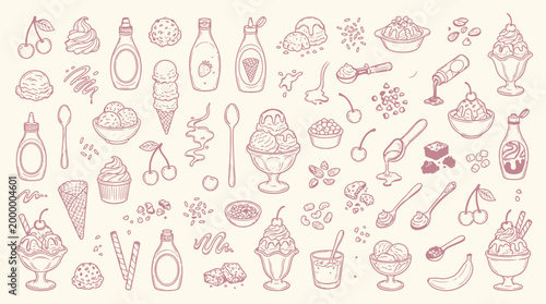 A charming collection of hand-drawn ice cream and dessert illustrations, featuring various flavors, toppings, and serving styles.