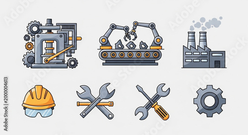 Industrial factory equipment and tools illustration.