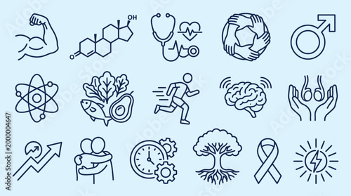 A collection of line art icons representing health, fitness, science, and lifestyle concepts on a light blue background.