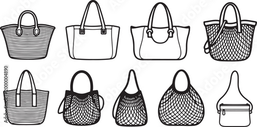 Set of woven shopping baskets and bags with handles isolated on white Vector