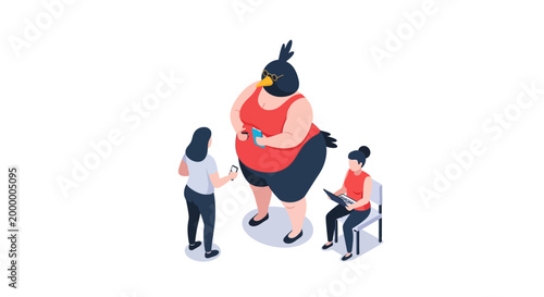 Isometric illustration of a large bird being observed by two women.