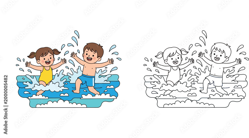 Fototapeta premium Happy Boy and Girl Splashing in Water Cartoon Illustration and Black and White Line Art Outline for Kids Summer Activity Coloring Page