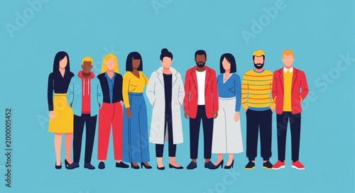 Diverse Group of People Standing Together on Blue Background.