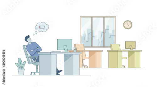 Tired man with low battery icon in thought bubble sitting at office desk, feeling unmotivated and exhausted at work.