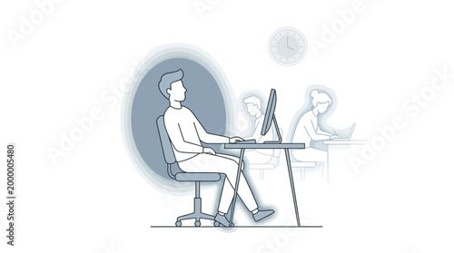 A person working diligently at a computer desk, illustrating focus and the passage of time in a minimalist line art style.