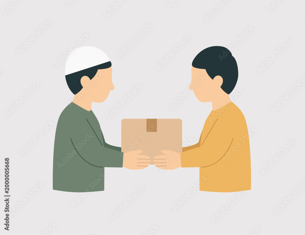 Fototapeta premium Delivery exchange vector illustration showing two people handing a package, ideal for logistics, shipping services, e-commerce, and courier concepts