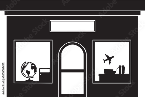Travel agency, office, building, icon, globe, airplane, cityscape, black and white