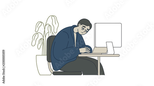 A man hunched over a laptop at a desk, looking tired and stressed, with a computer monitor and a plant in the background.