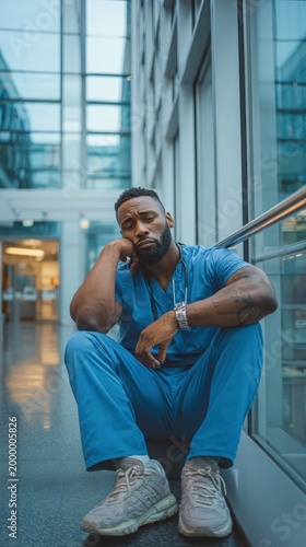 Thoughtful healthcare professional reflecting in modern hospital setting