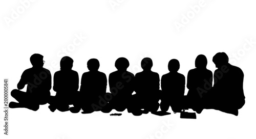 Silhouette group meditating together outdoors isolated on transparent background, Vector