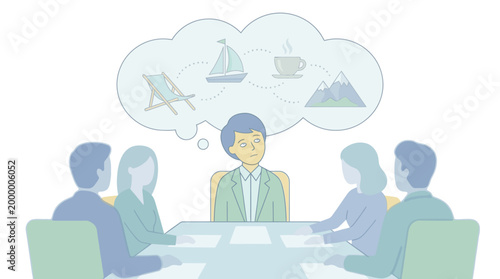 A person daydreaming about vacation during a business meeting, illustrating a desire for escape.