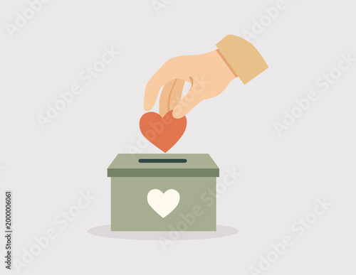 Donation box with hand placing heart symbol for charity, fundraising, volunteer support, and social campaign concepts in flat vector style
