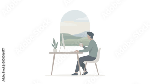 A man working on his computer at a desk with a plant, enjoying a peaceful view of green hills through an arched window.