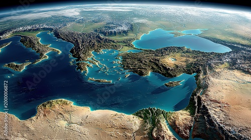 Orbital View 3D Rendered Mediterranean Region Terrain: Balkan Peninsula, Greek Islands, Anatolia, North African Coast, Geographic Visualization Asset for Education, Science, Design Projects