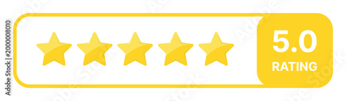 Yellow five star rating banner with maximum score 5.0 showing premium quality feedback concept isolated on transparent background suitable for ecommerce review interface and mobile application design