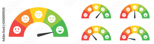 Customer satisfaction gauge with emoticon scale from angry to happy, colorful feedback meter indicator isolated on transparent background, rating experience concept for service quality evaluation