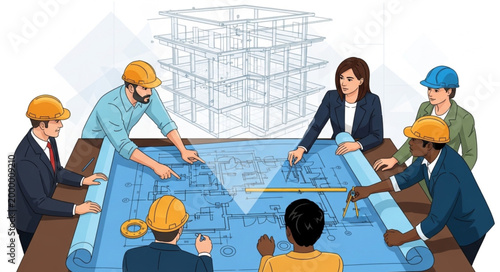 Diverse team of architects and engineers collaborating on blueprints.