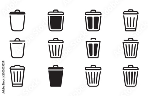 Set of various trash can outline icons with different shapes and styles isolated on transparent background design.
