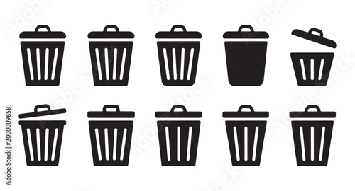 Collection of 10 black vector trash can icons, representing various styles of delete and recycle symbols.