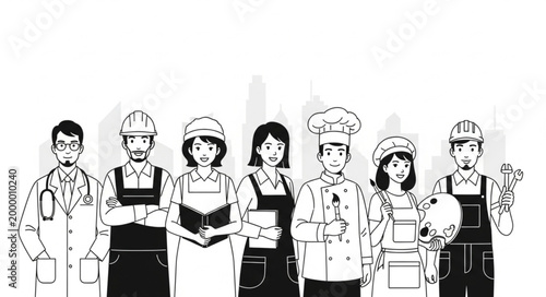 Diverse Group of Professionals Posing Together in Illustration Style.